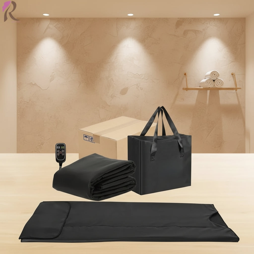 Black infrared sauna blanket, handheld controller, and carry bag
