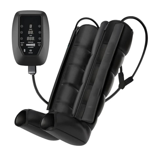 Black air-compression leg boots with digital controller