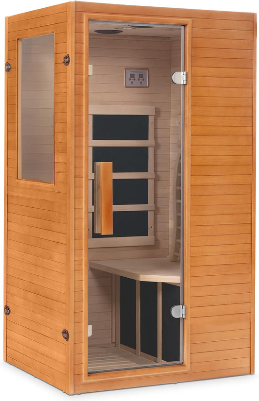 One-person Canadian hemlock infrared sauna cabin, front and side view