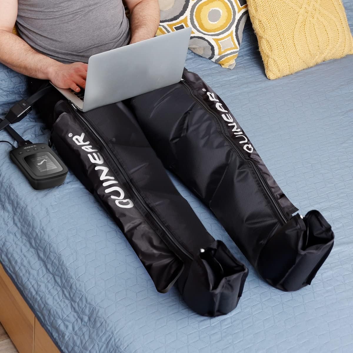 QUINEAR compression boots worn while seated