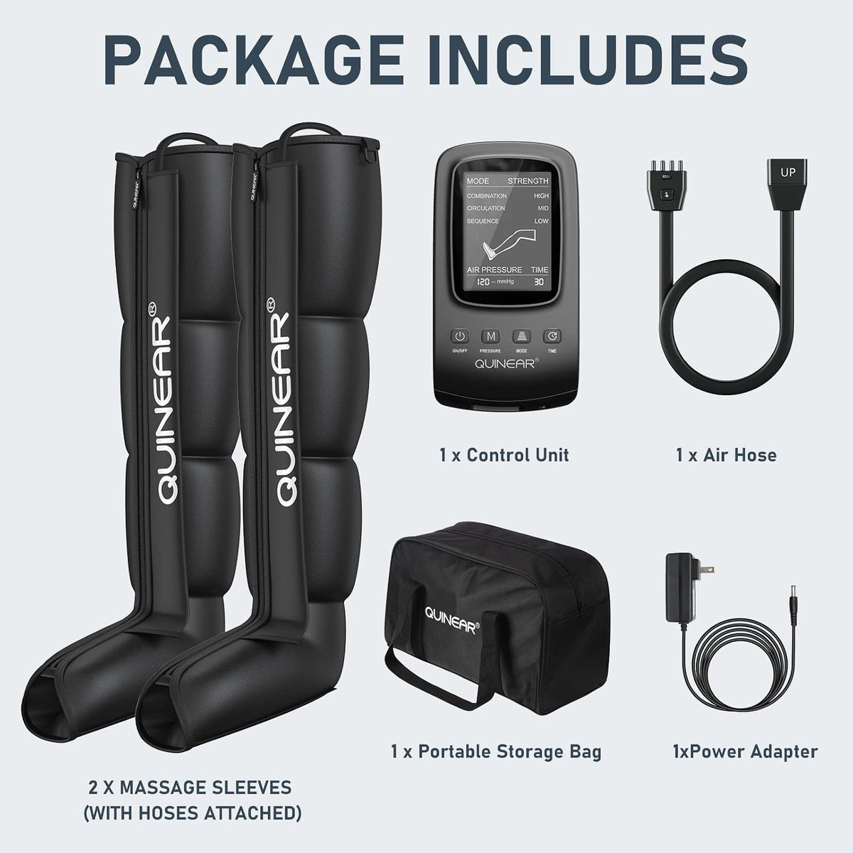QUINEAR boots, controller, hose, power adapter, and carry bag